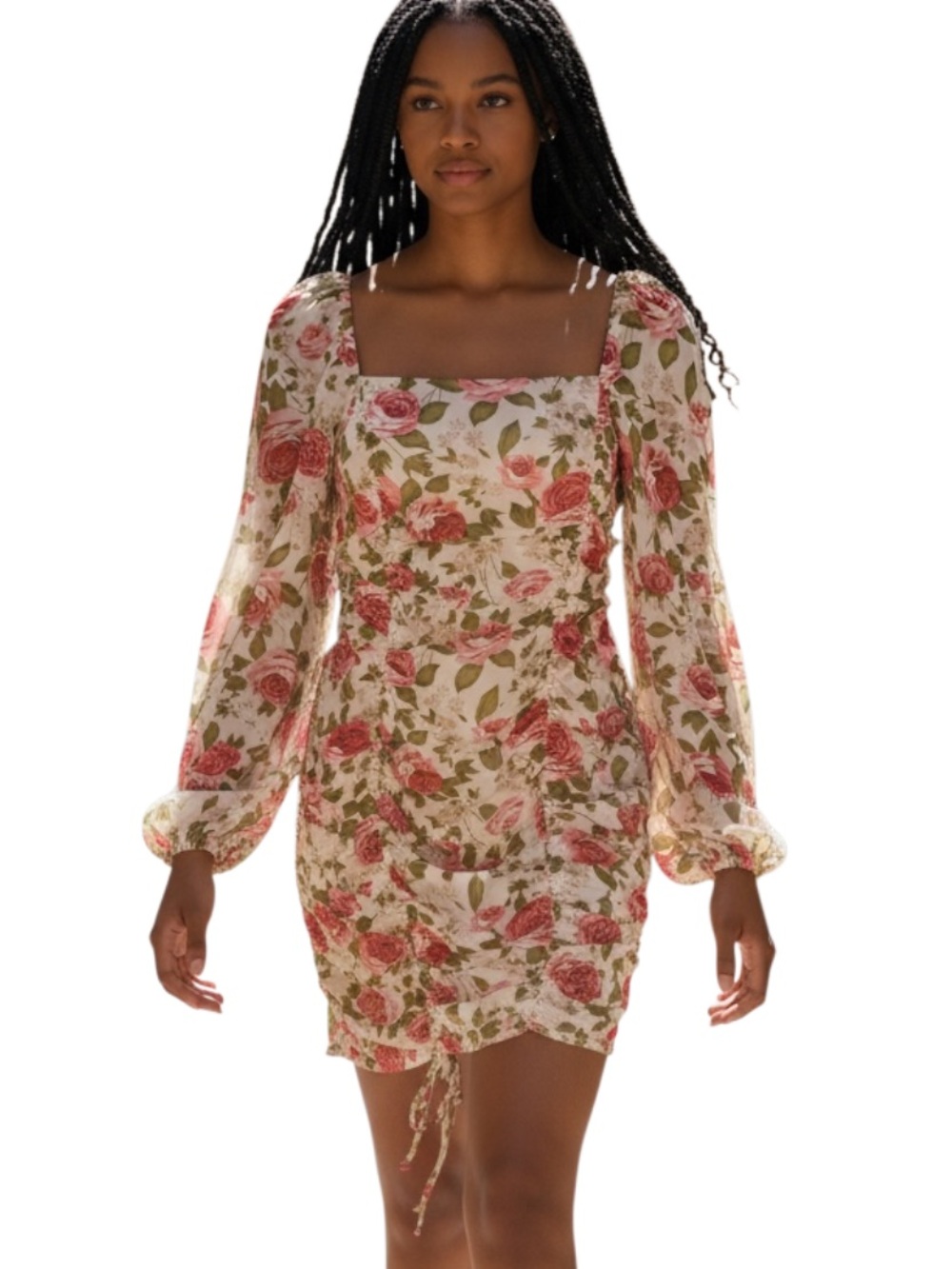 Mable Square Neck Floral Ruched Mini Dress in Pink and Cream